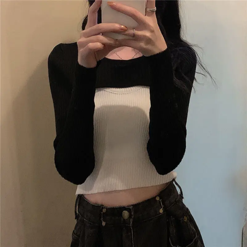 Women Shrugs Solid Candy Color Sweet Crop Top Slim Knitwear O-neck Hot Girls Soft Hipster Casual Females All-match Long Sleeve