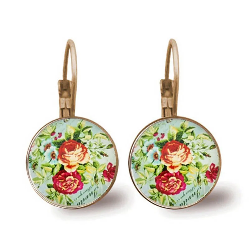 New Rose Earrings Beautiful Rose Retro Round Glass Handmade Photo Earrings Ladies Jewelry