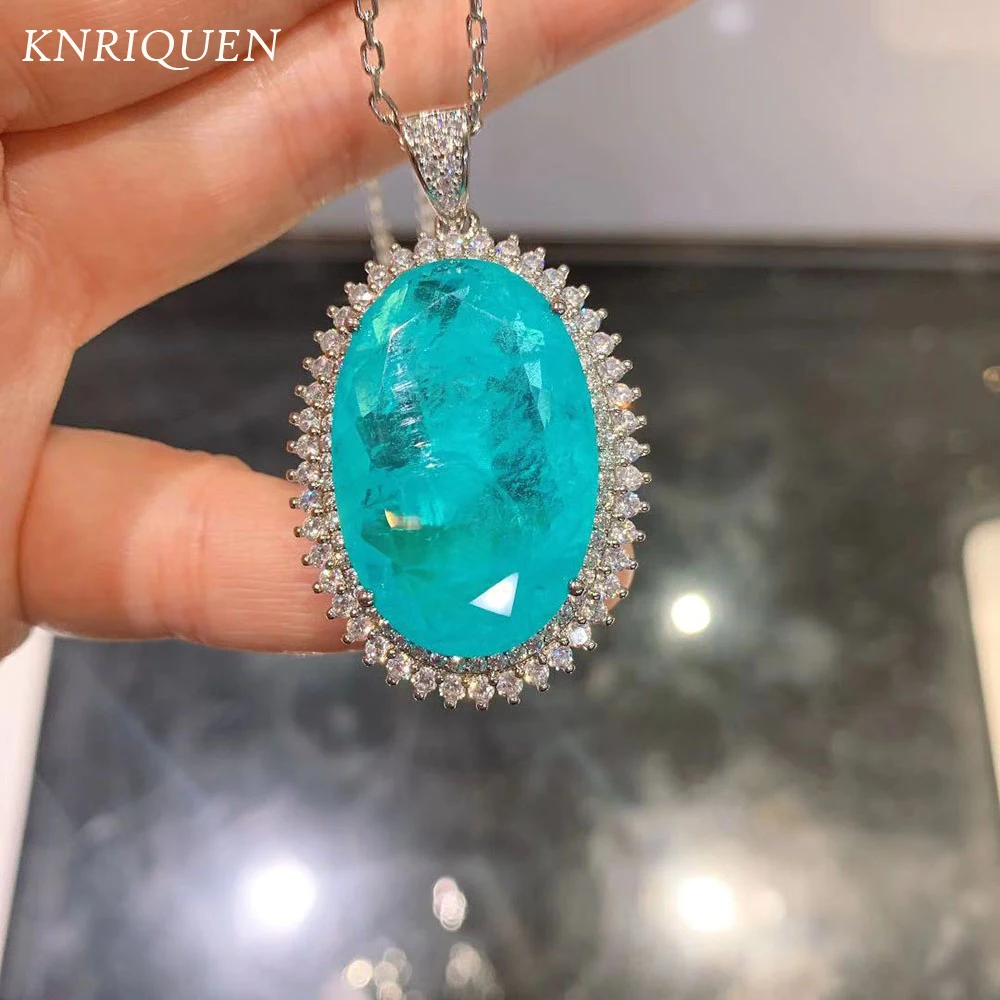 KNRIQUEN New Romantic Big Blue Stone Paraiba Aquamarine Lab Diamond Wedding Pendant Necklace for Women Fine Jewelry Female Gifts