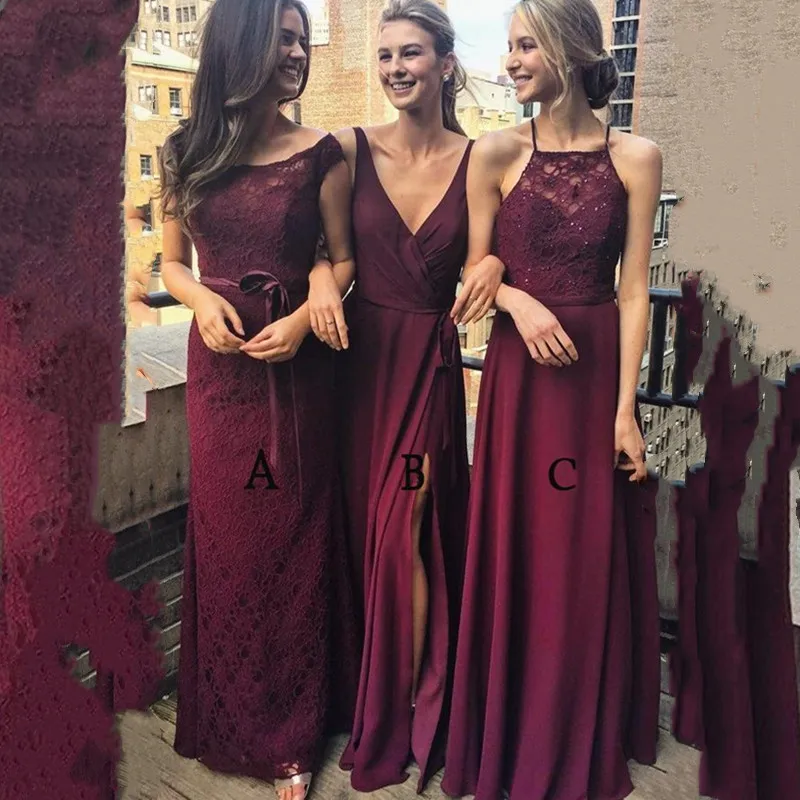 

Customized V Neck Three Styles Bridesmaid Dresses Floor-Length Bridesmaid Dress Lace dress for wedding party Burgundy dress