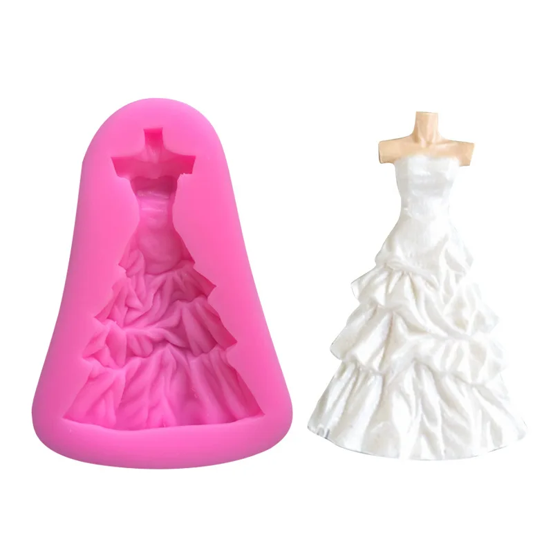 1PC Silicone Mold Bridal Wedding Dress Fondant Evening Dress Skirt Pattern Fudge Cake Mold Clay Craft Decoration Tools Pink