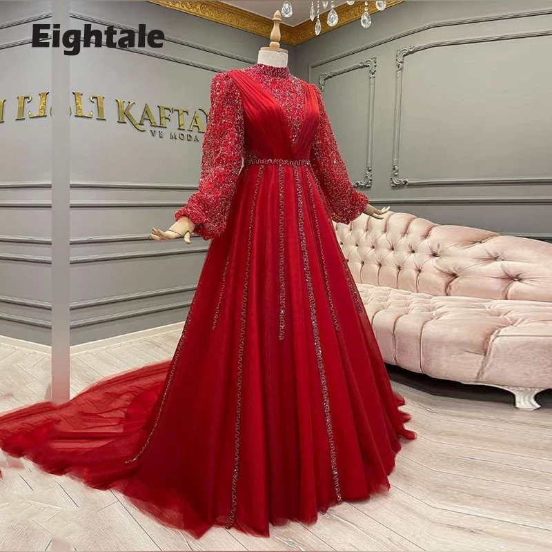 Eightale Dubai Evening Dresses High Neck Shiny Beaded Long Sleeves Tulle Red Arabic Prom Gown Plus Size Party Dress Custom Made