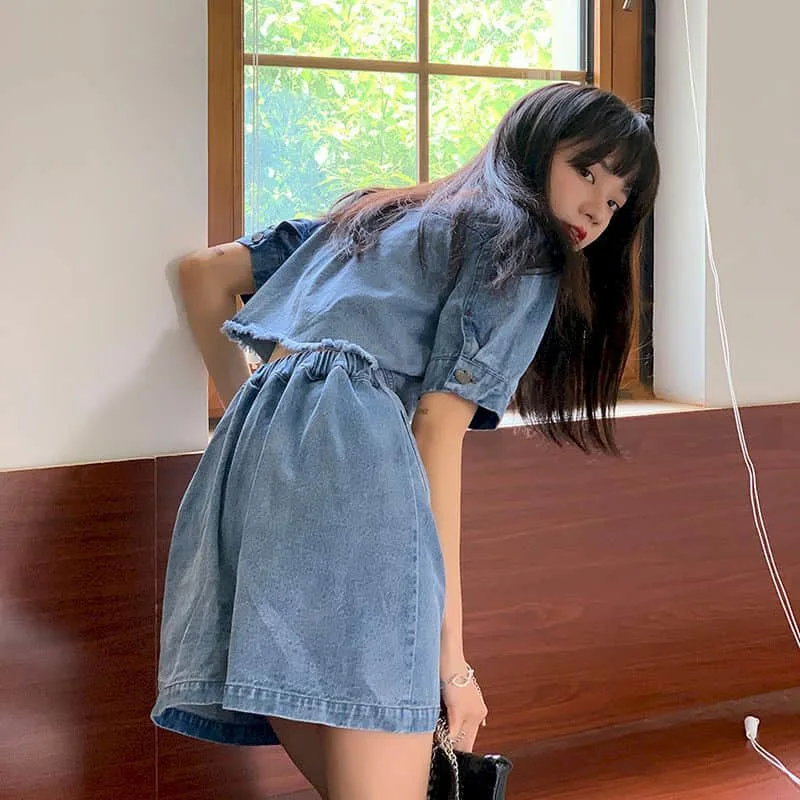 Denim short dress female high street Korean self-cultivation sexy slim machine design retro A-line polo skirt goddess punk