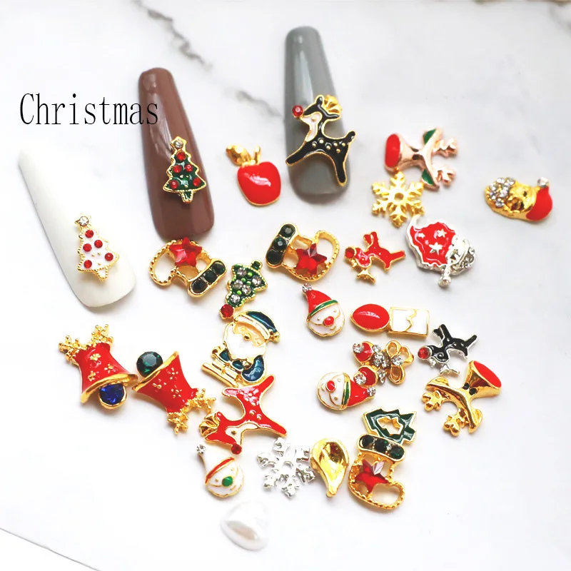 20pcs Christmas DIY Nail Ornaments Metal Diamond Christmas Tree Santa Claus Bell Snowflake Elk Apple Clown Nail Art Supplies