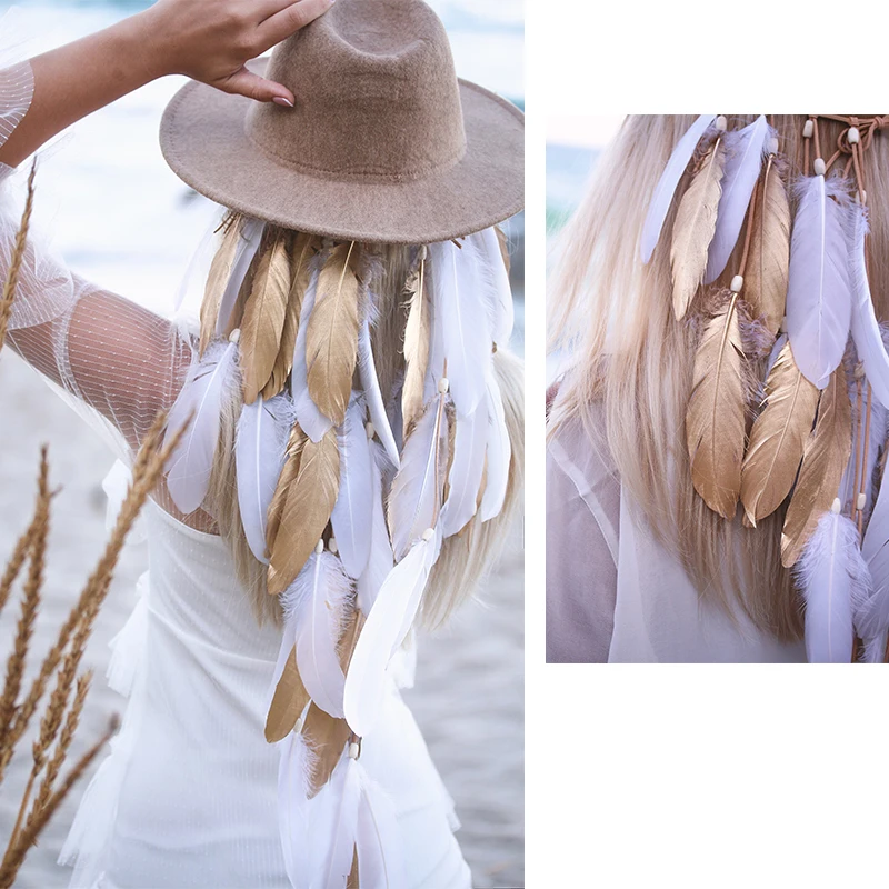 Haimeikang 2021 Feder Haar Band Böhmischen Blau Elastische Gypsy Festival Stirnband frauen Mode Haar Zubehör