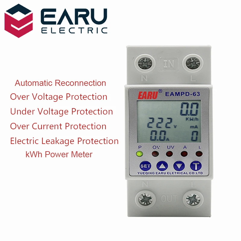 63A 230V Display Adjustable Current Earth Leakage Protection Over Under Voltage Protector Relay Device Energy Power kWh Meter