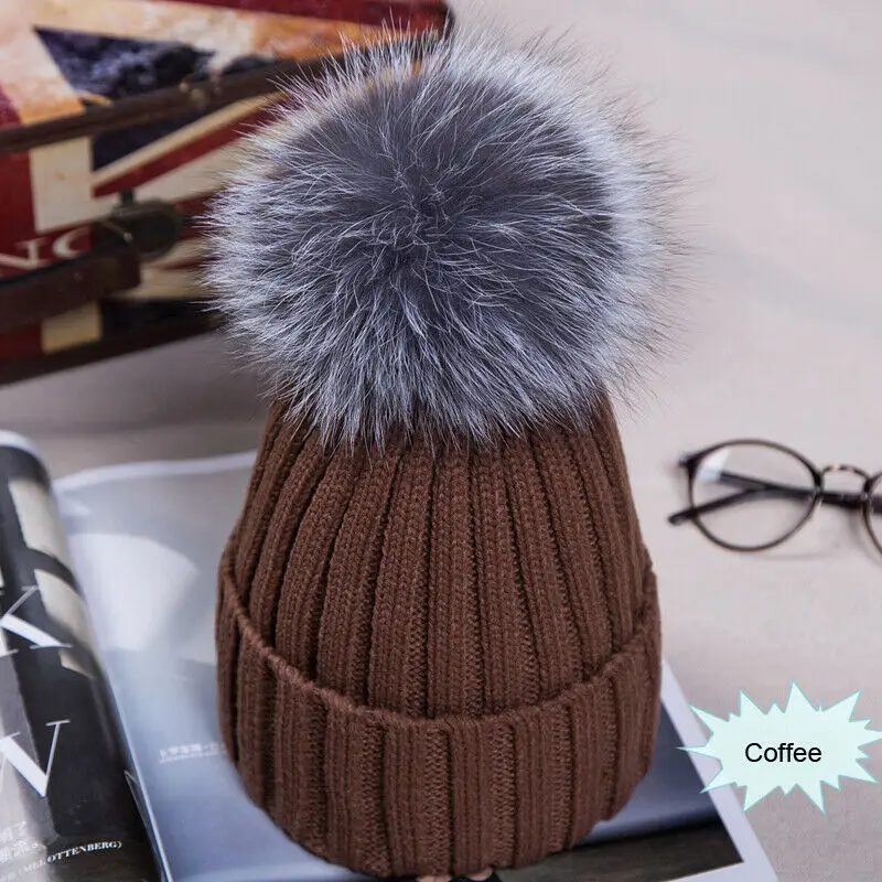 New Fashion Women Ladies Warm Winter Beanie Large Faux Fur Pom Pom Bobble Hat Knitted Ski Cap Black Blue White Pink