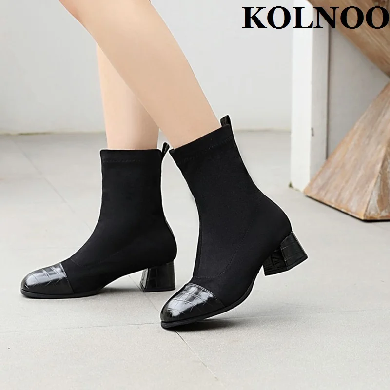 Kolnoo New Style 4.5cm Block Heel Boots Patchwork Leather Real Photos Black Party Prom Ankle Boots Evening Fashion Winter Shoes