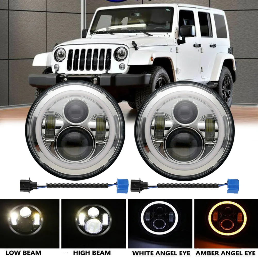 คู่7 "นิ้ว LED โปรเจคเตอร์ Chrome Hi/Lo ไฟหน้าสำหรับ Jeep Wrangler JK TJ Land Rover Defender 90 & 110 Plymouth Peterbilt 359 379