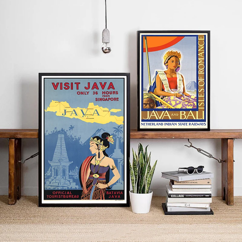 Carteles e impresiones de viaje Vintage de Bali Java, paisaje romántico de Indonesia, arte de pared Retro, pintura en lienzo, decoración de la habitación del hogar