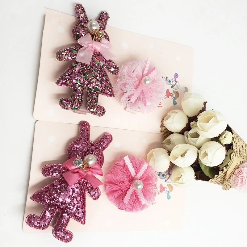 

10Sets Fashion Cute Glitter Rabbit Tulle Floral Hairpins Bunny Barrettes Easter Headwear Boutique Hair Accessories For Girls