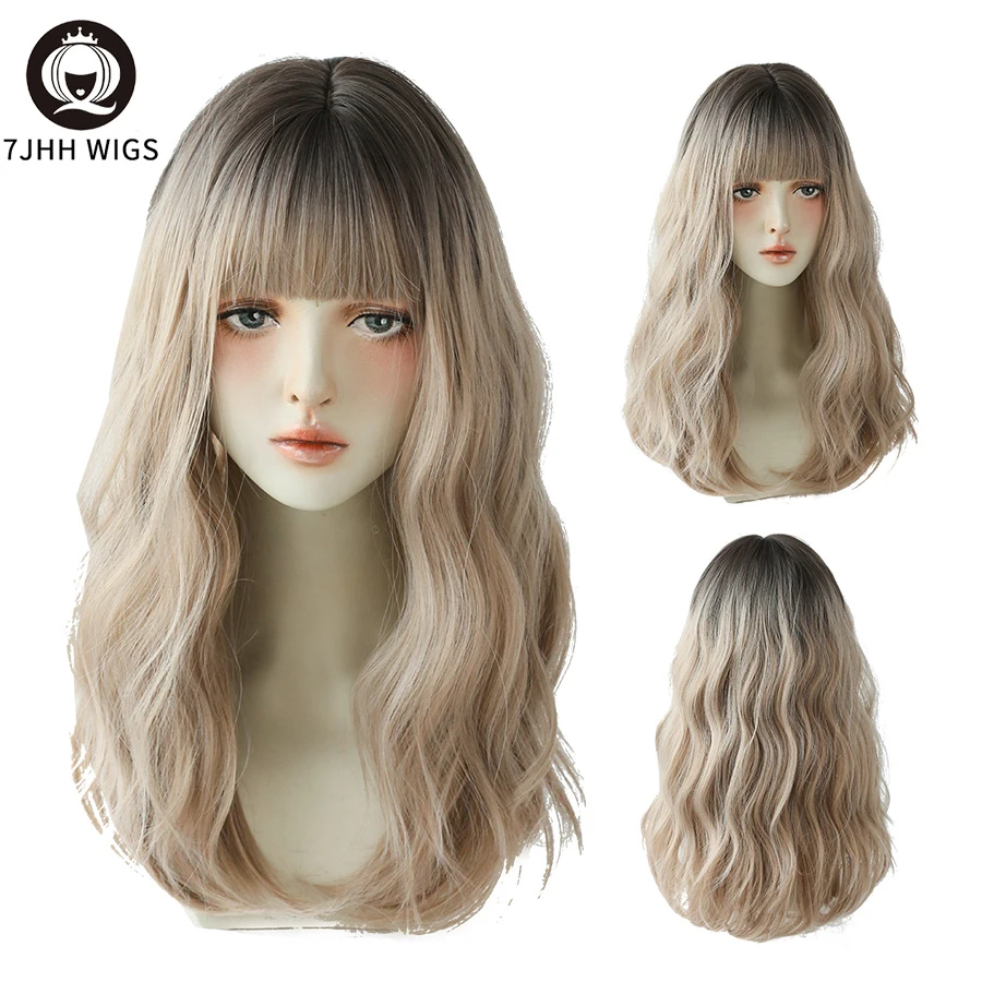 

7JHH WIGS Loose Deep Wavy Omber Brown Black Long Synthetic Wigs For Girls Daily Wear Hair With Fluffy Bangs Four Seasons Use