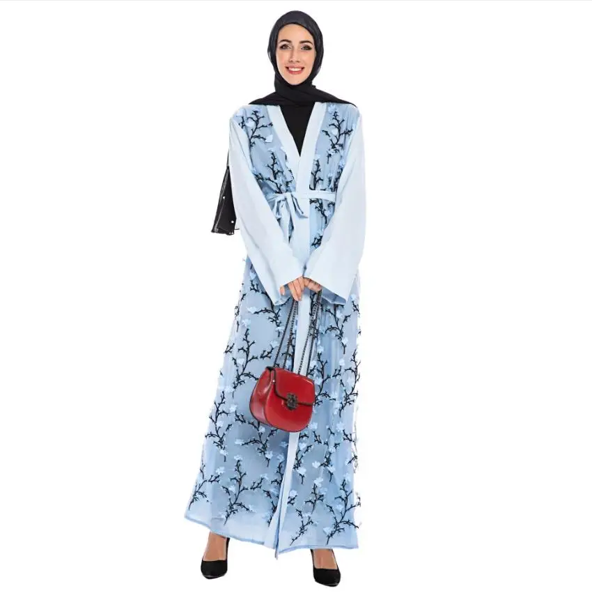 3D Flowers embroidery muslim opened abaya female full length prayer cardigan kimono islamic cardigan robes with belt F1463