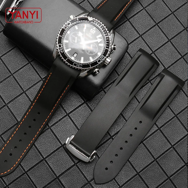 Rubber watch strap 20mm 22mm silicone watchband Suitable for omega watch band folding clasp Curved end wristwatches belt