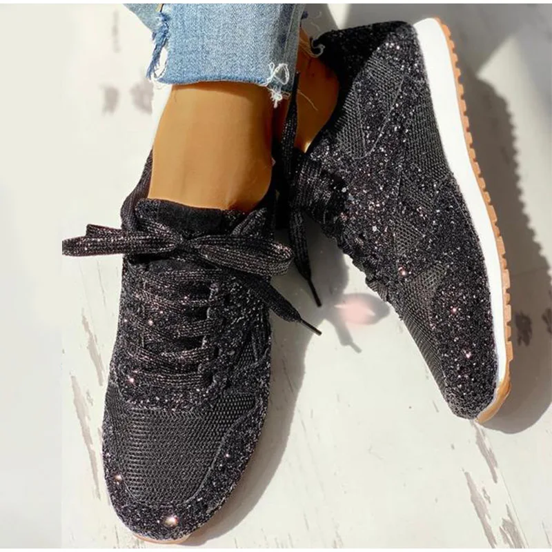 Zapatillas de deporte planas con purpurina para mujer, zapatos informales de malla con plataforma ostentosa, cómodos, vulcanizados de talla grande,