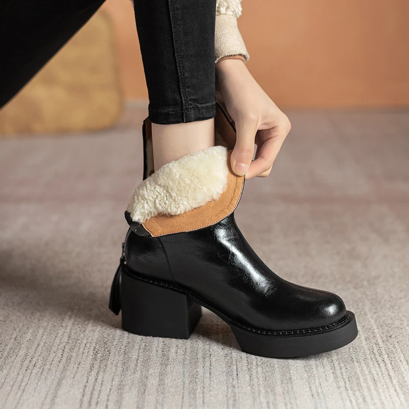 2022 Winter New Women Boots Women Shoes Round Toe Square Heel Real Wool Thick Heel Short Boots Solid Color Womens Platform Heels