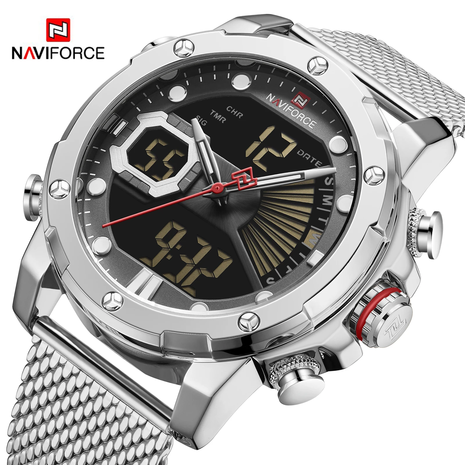 Business Watch NAVIFORCE Men\'s Watches Military LCD Digital Sports WristWatch Stainless Steel Strap Waterproof Quartz Clock Male