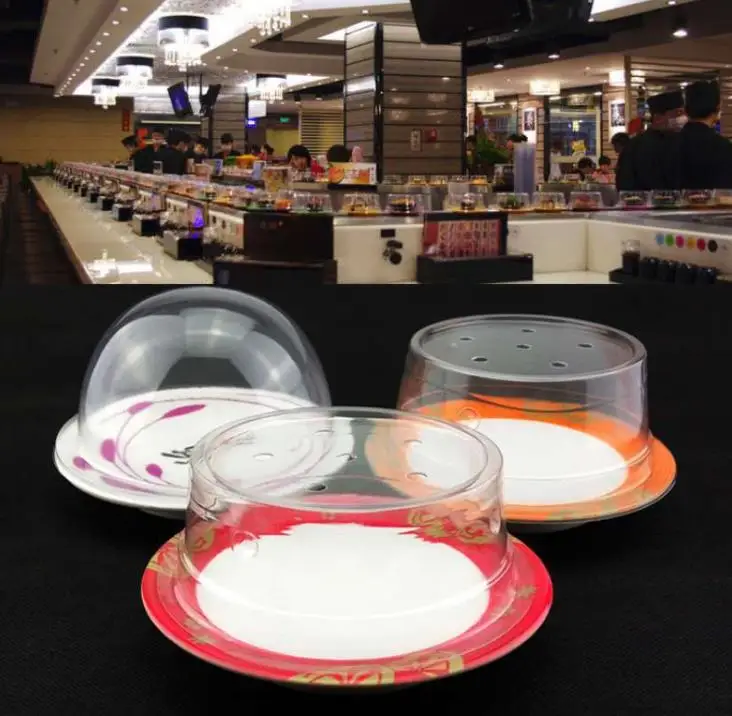 200pcs Plastic Lid For Sushi Dish Buffet Conveyor Belt Reusable Transparent Cake Plate Food Cover Restaurant Accessories SN776