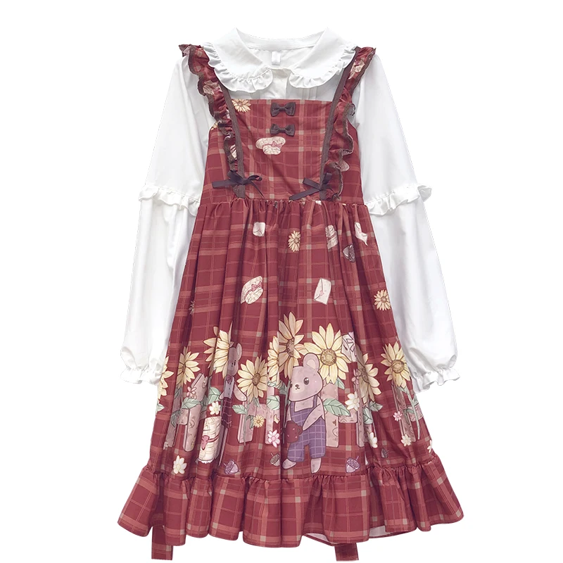 Kawaii Light Lolita dress giapponese Soft Girl Wind Cute Bear Girl Sling dolce abito senza maniche a vita alta