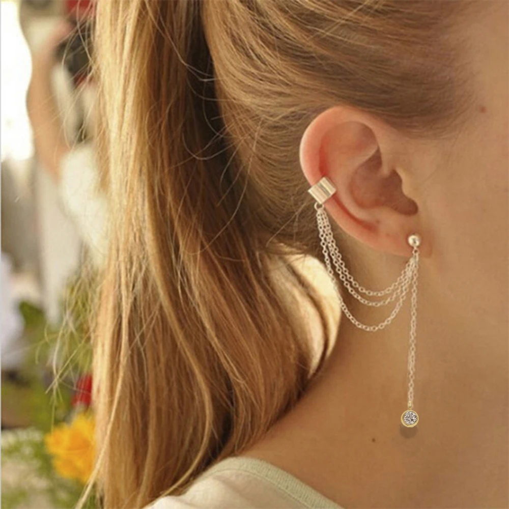 MinaMaMa Trendy Stainless Steel Tassel Chain Crystal Ear Clip For Women Girls Simple New Rhinestone Cuff Earrings Jewelry