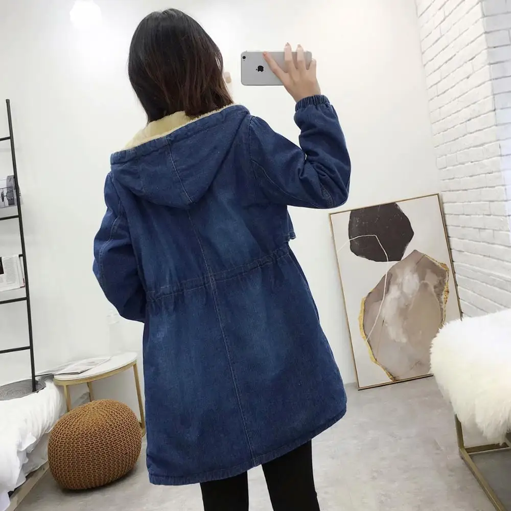 New Women Denim Jacket Winter Fashion Warm Thicken Plus Velvet Cotton Parkas Coat Loose Hooded Long Tops Coat Outerwear Female