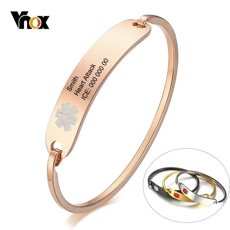 Vnox Free Personalized Engraving Bangle for Women Men Anti Allergy Stainless Steel Medical Alert ID Bracelets