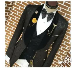 2024 High Quality Terno Slim Fit Black Jacquard Smoking Tuxedo Jacket Groom Party Suit For Men 3 Pieces Wedding Best Man Blazer