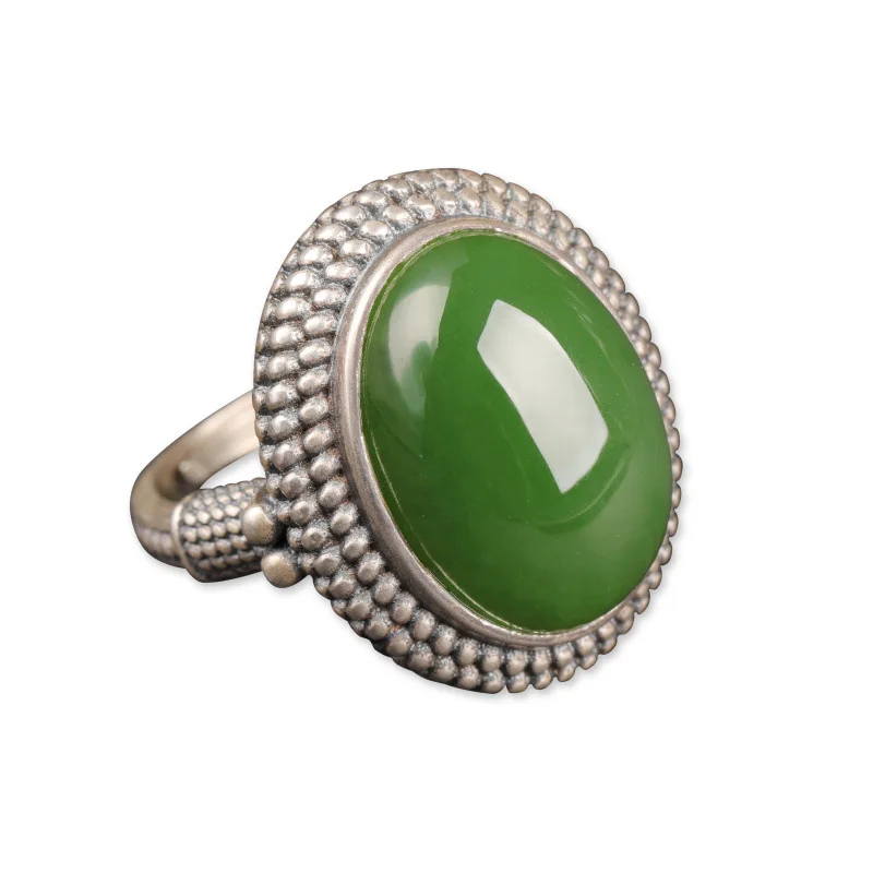 

100% 925 sterling silver inlaid jasper personality green jade atmosphere female ring