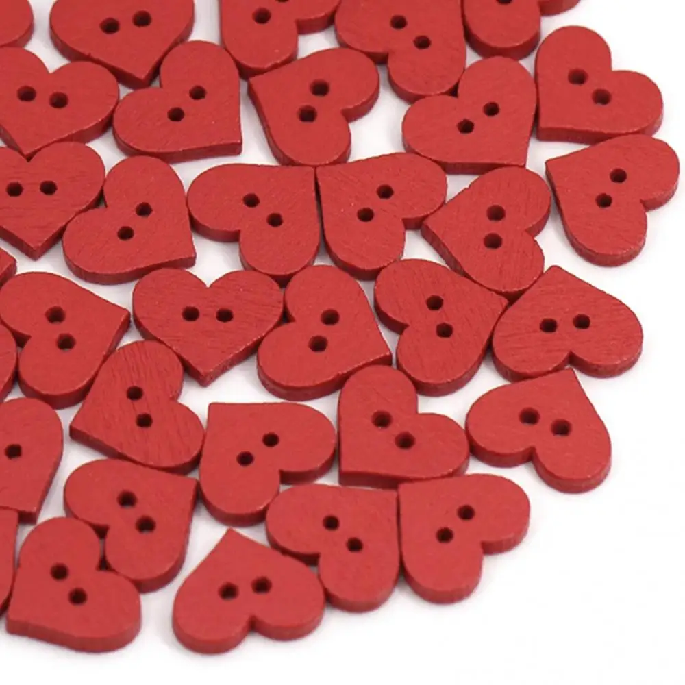 100Pcs 1.5x1.2cm Red Heart Button For Kids 2 Holes Red Love Heart Wooden Button Clothes DIY Sewing Accessory Decor Crafts DIY