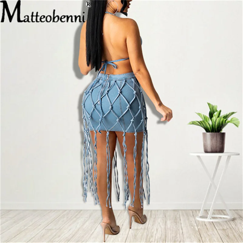 2021 Women Denim Skirt Sets Halter Neck Sleeveless Bra Tops + Bandage Tassels Skirt Lady Bodycon Nightclub Dresses Hot Summer