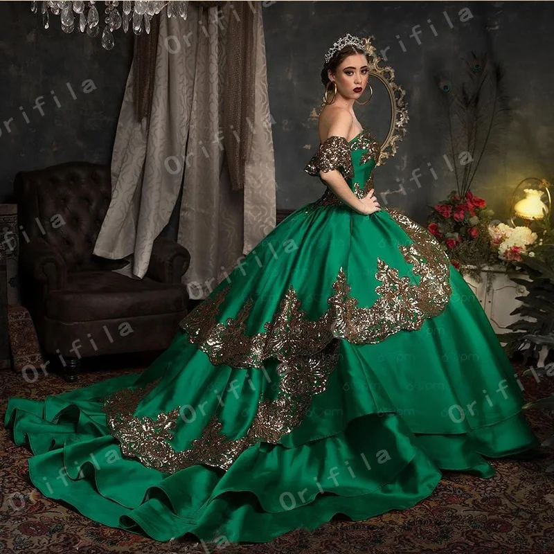 Groene Zoete 16 Quinceanera Jurk Lovertjes Sparkly Lace Pageant Party Dress Baljurk Mexicaanse Meisje Verjaardag Gown