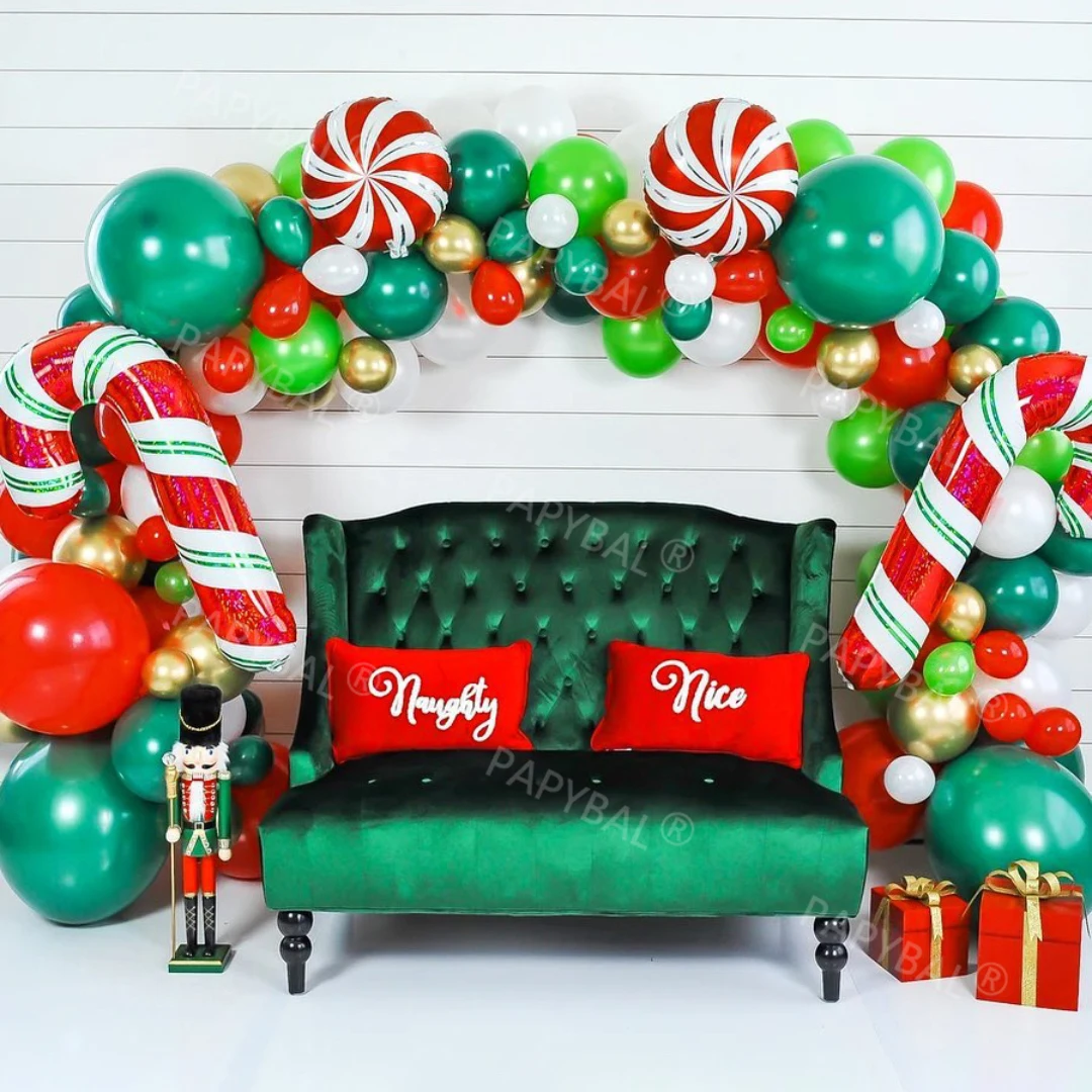 

114pcs Red Green Christmas Balloon Set Xmas Lollipop Crutch Foil Balloon Arch Garland Kit New Year Christmas Backdrop Globos