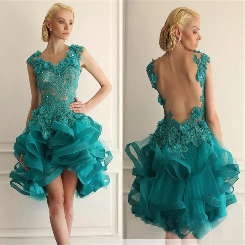 Novo verde esmeralda vestidos de baile curto apliques rendas em camadas organza sem costas luxuoso vestido de baile vestidos de noche feito sob encomenda