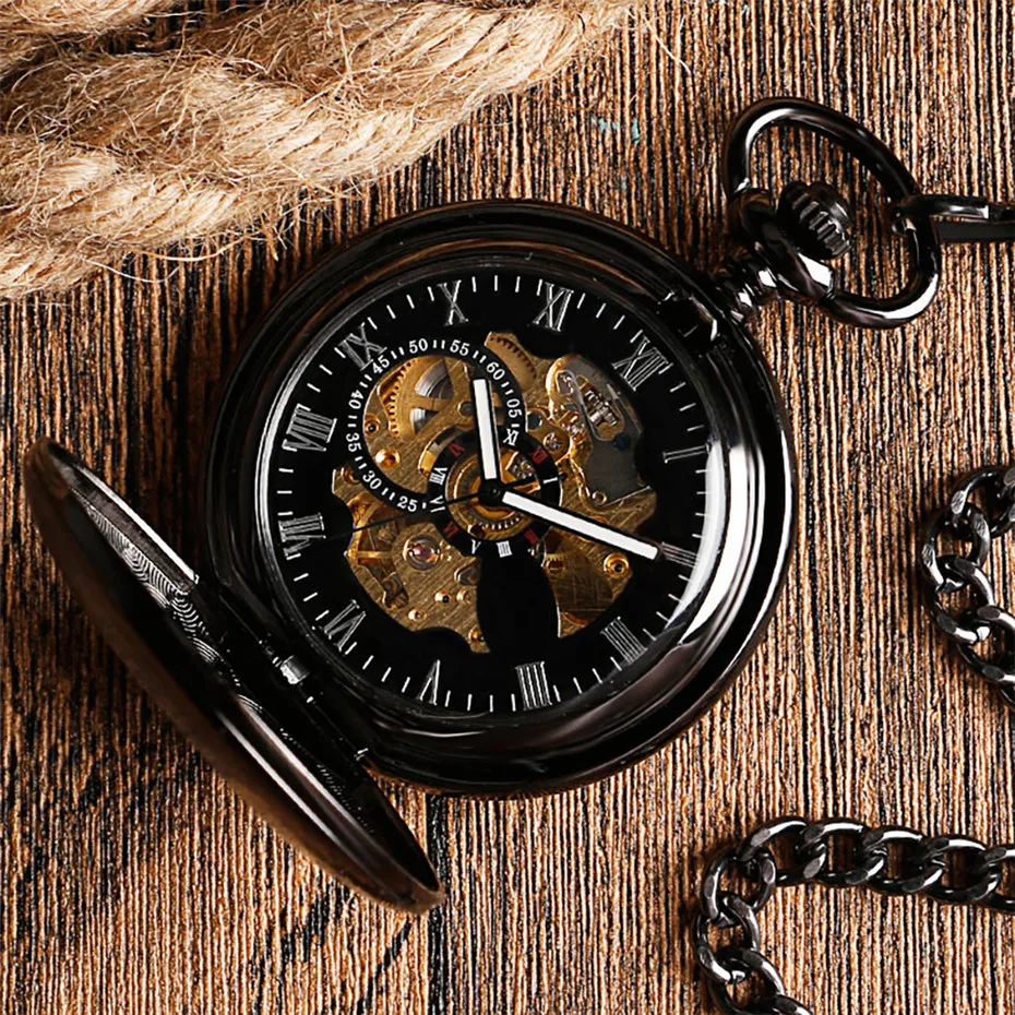 Antique Mechanical Pocket Watch Automatic Self-Winding Roman Numerals Display Hanging Chain Hollow Smooth Hunter Pendant Clock