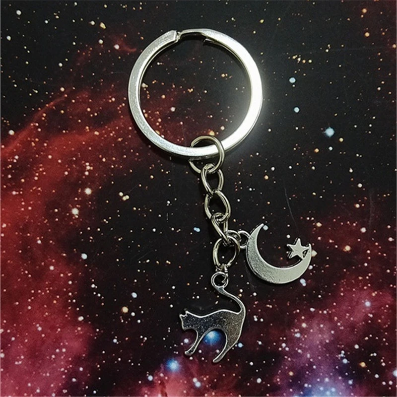 Cat Keychain Cat Keyring Cat Gift Moon and Star Keychain Animal Keyring Cat Charms Gift for Cat Lover