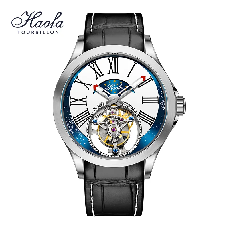 Haofa Flying Tourbillon Wristwatch Starry Sky Dial Sapphire Skeleton Manual Mechanical Watch For Men Luxury zegarek męski 1086