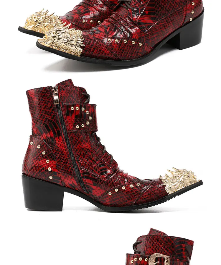 Herren Maßgefertigte Schlangenleder-Stiefel mit Nieten, Mittelhoch, Spitze Zehenkappe, Luxuriöser Singer-Modell-Stil, Bar-Party, Persönlichkeit, Herbstschuhe – Detail 10