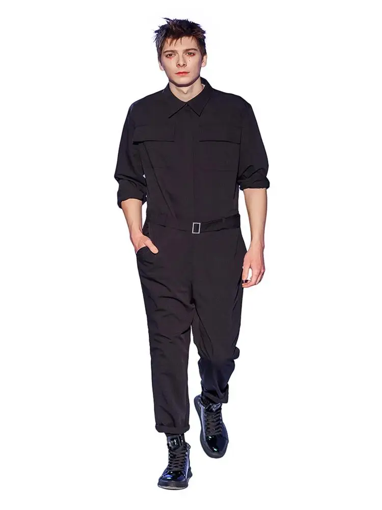 Men's European and American fashion catwalk style British men's cargo jumpsuit casual large size long sleeve jumpsuit suit