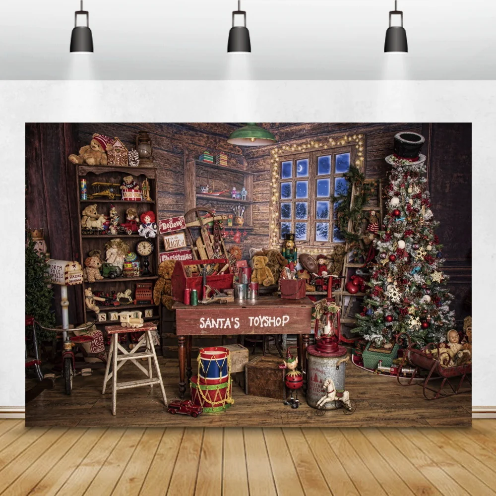 Christmas Shop Wood House Baby Interior Photography Background Children Portrait Family Photocall Backdrop Banner Photo Studio