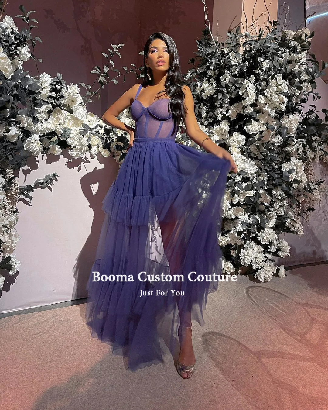 Booma – robe de bal en Tulle violet, à plusieurs niveaux, effet d'illusion, bretelles Spaghetti, jupe à volants, ligne a, robes de soirée formelles, 2021