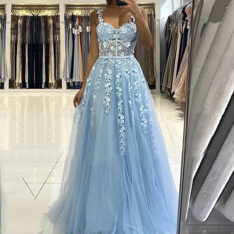 Elegante vestido de fiesta de tul para graduación, traje de fiesta elegante con apliques de encaje en forma de A, color azul cielo, 2021