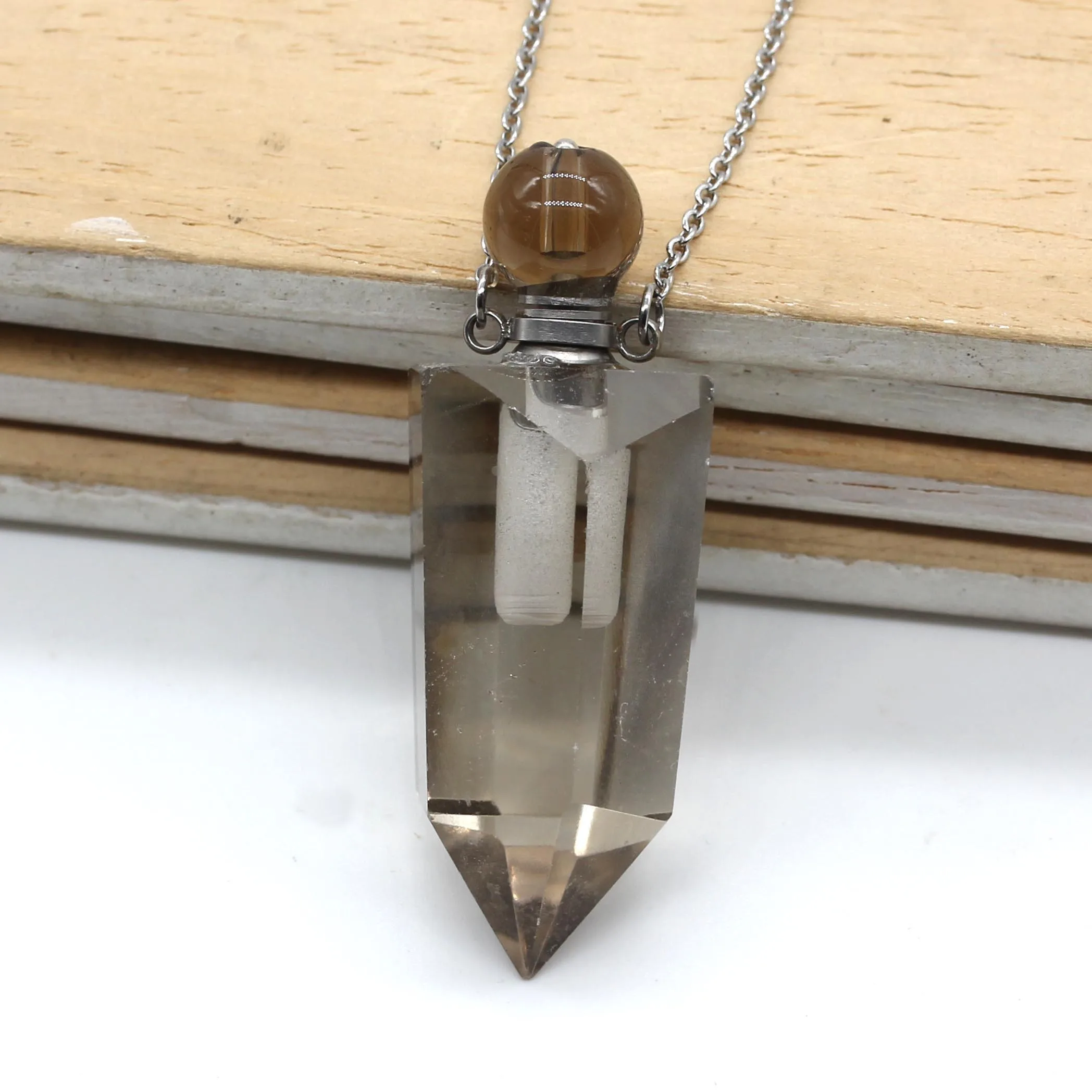 

Trendy-beads Stainless Steel Hexagon Prism Section Pendant Perfume Bottle Necklace Smoky Quartzs Jewelry