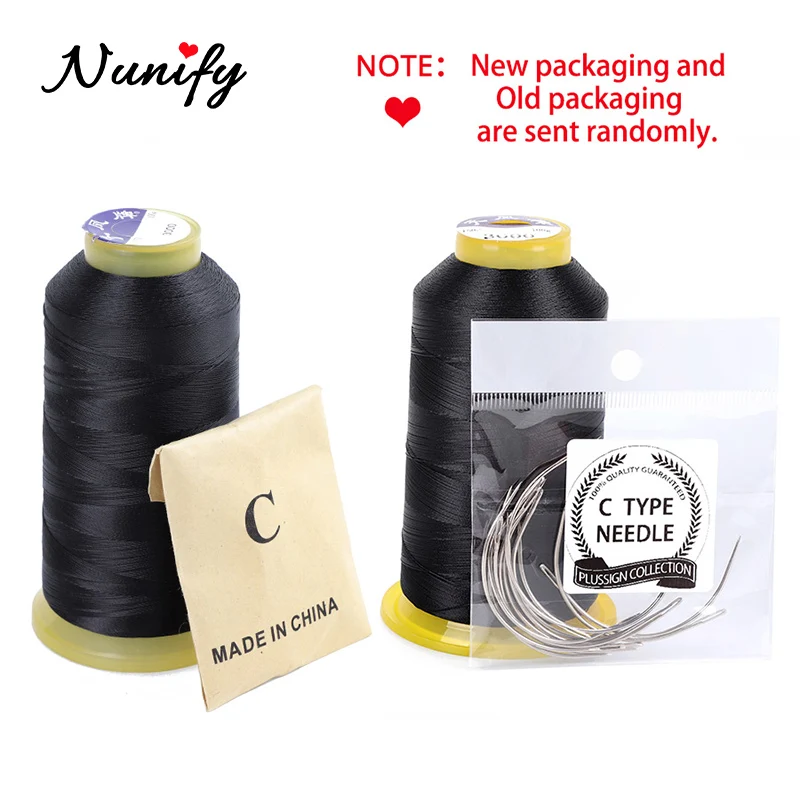 Nunify 1 Roll 2000M In Length Black Polyester Thread Wig Sewing Thread Hair Weaving Thread With Gift 1 Pc 6.5Cm C Curved Needle