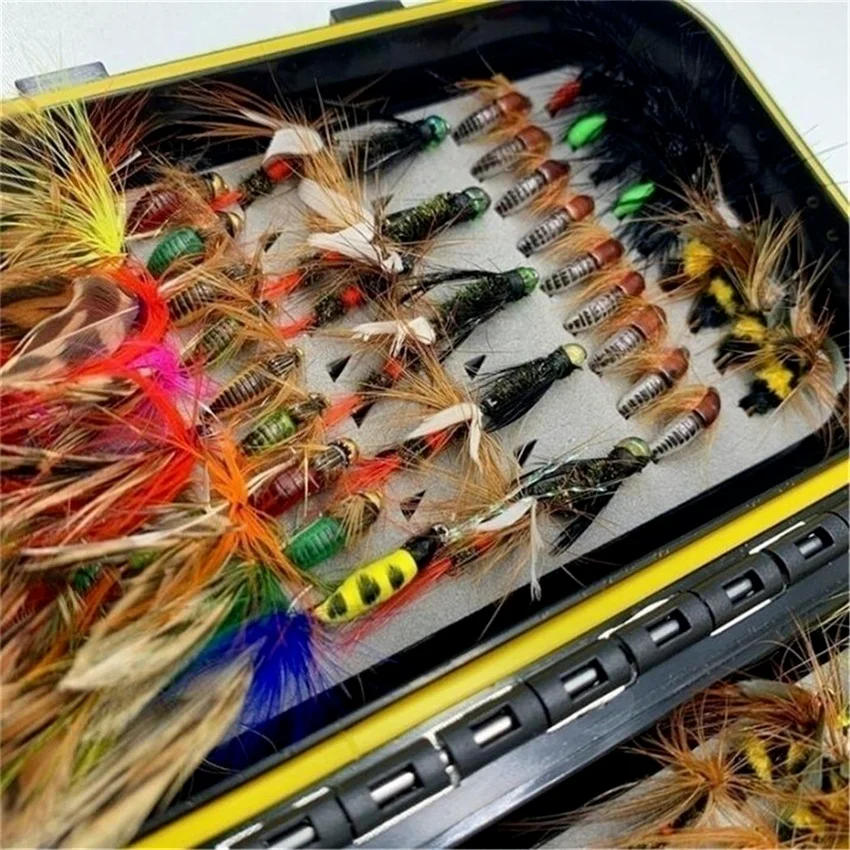 Trout Fly Fishing Flies Sammlung 32-112Pcs Fliegen Trocken Nass Nymph Streamer Fliegen Sortiment mit Fly Box Fliegenfischen fly Lockt Kits – Detail 7