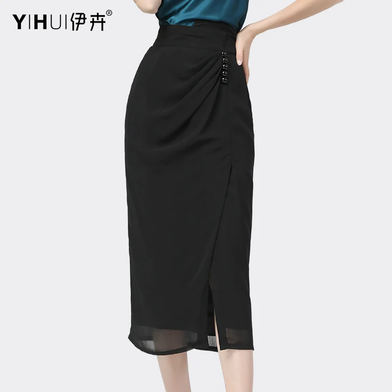 Fashion High Waist Slit Skirt Women Summer New Solid Color Mid-Length Straight Chiffon Skirts Elegant Slim Office Ladies Skrits