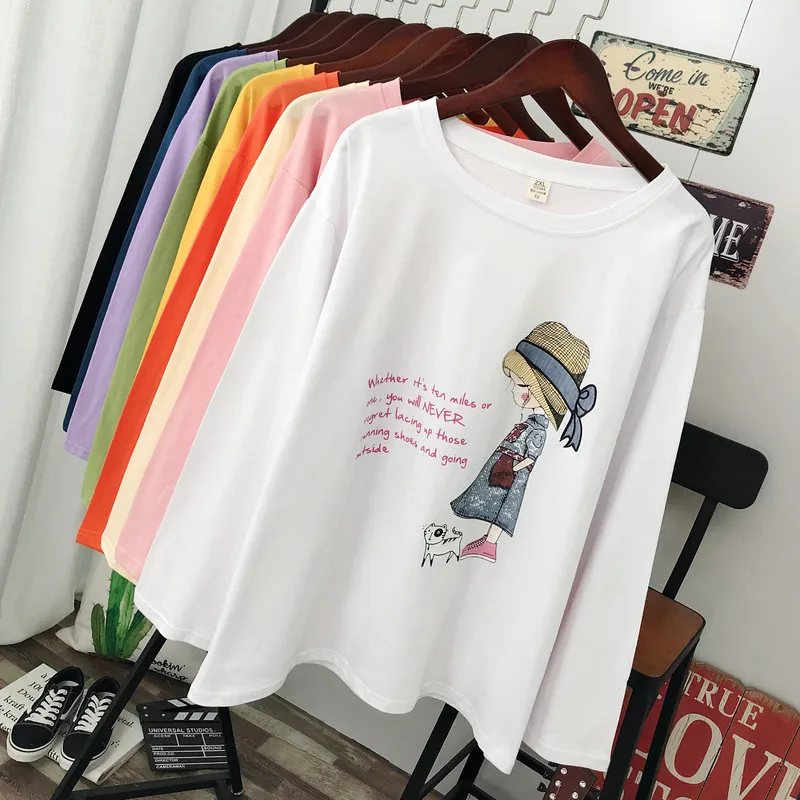 

2022 spring and autumn women clothes Fashion Korean style Casual Long sleeve T-shirt loose 100% cotton pattern print Tops & tees