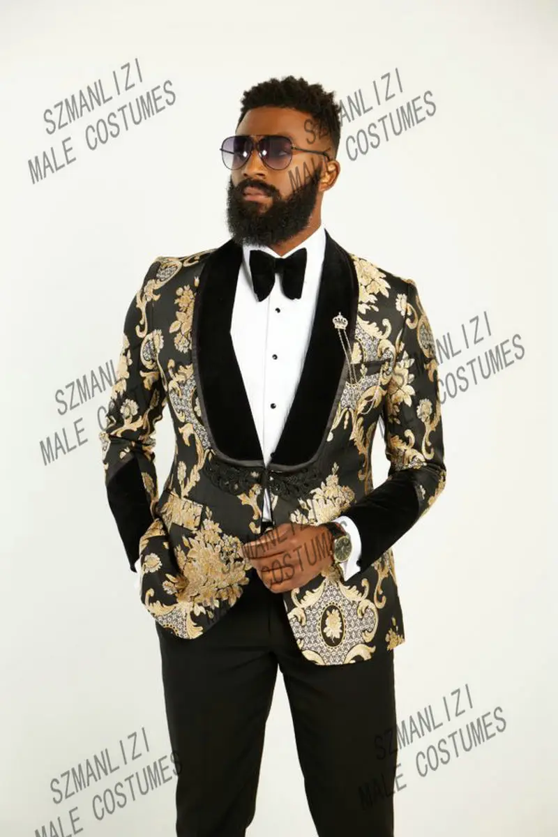 

2023 Latest Coat Pant Designs Gold Embroidery Wedding Suits For Men Prom Tuxedos Groom Wear 2 Pieces Party Blazer Costume Homme