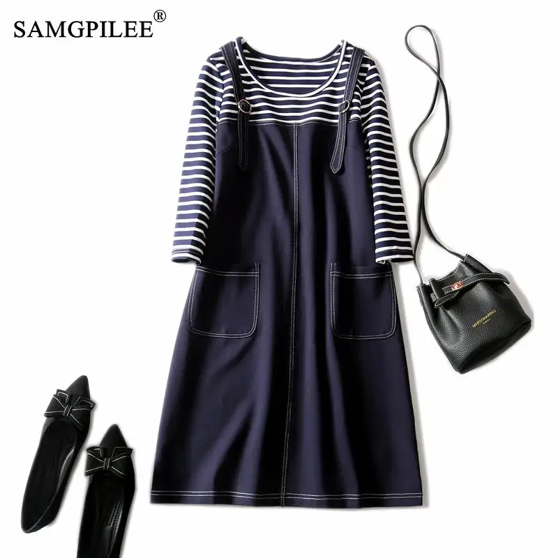 

Dresses 2021 New Fashion Striped Stitching Fake Two Piece Big Pockets Temperament Office Dress Women Autumn And Winter