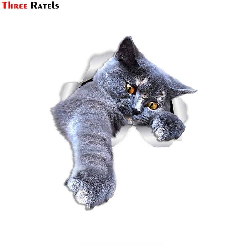 Three Ratels FTC-1053 Playing Grey Cat Wall DecalsGrey Shorthair Toilet Sticker 3D Window Home Decoration