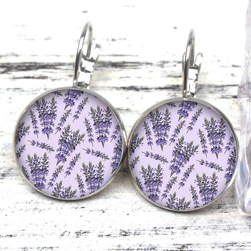 

Fashion Beautiful Purple Lavender Charm Ladies Earrings Flowers Round Glass Convex Dome Earrings Jewelry Earrings Souvenir Happy